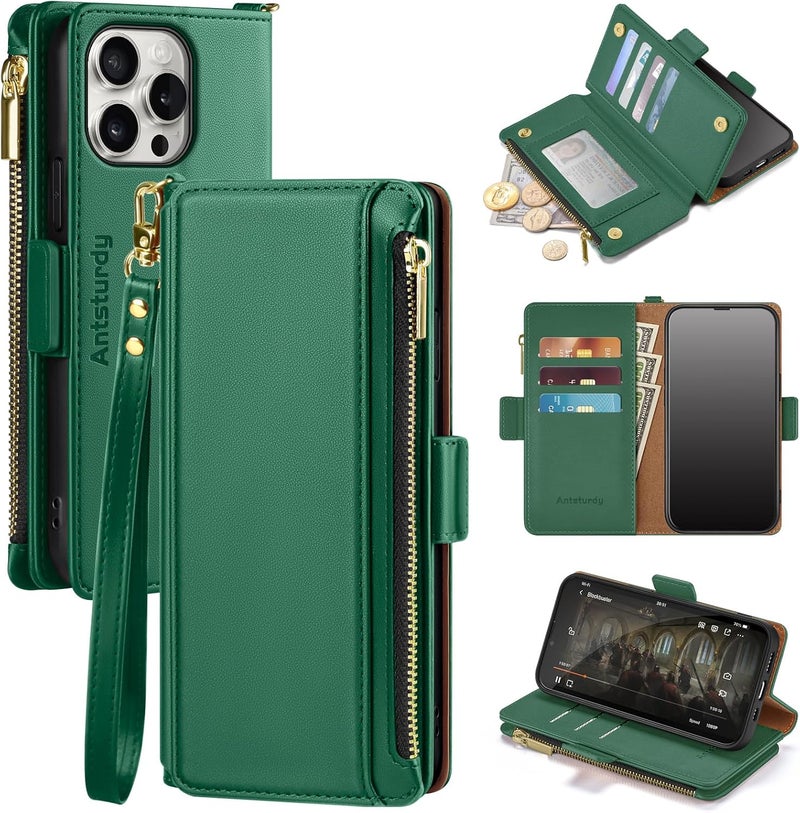 Antsturdy Compatible with iPhone 16 Pro Max Wallet Case,RFID Blocking PU Leather Phone Case Women Men Kickstand flip Cover Wrist Strap Zipper Credit Card Holder Slots for Apple 16 ProMax,Green - Image 1